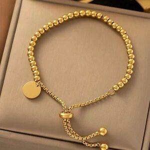 Gold Plated Stainless Steel Gold Adjustable Bead Bracelet with Round Charm